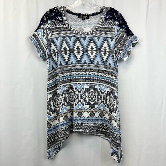Absolutely Famous Womens Top Multicolor Aztec Short Sleeve Stretch M - Picture 1 of 11